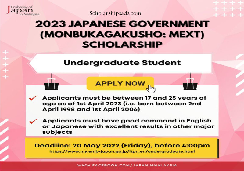  Japanese Government (Monbukagakusho: MEXT) Scholarships.