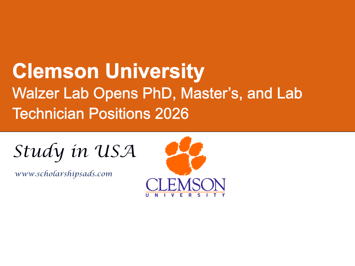 Clemson University's Walzer Lab Opens PhD, Master’s, and Lab Technician Positions 2026