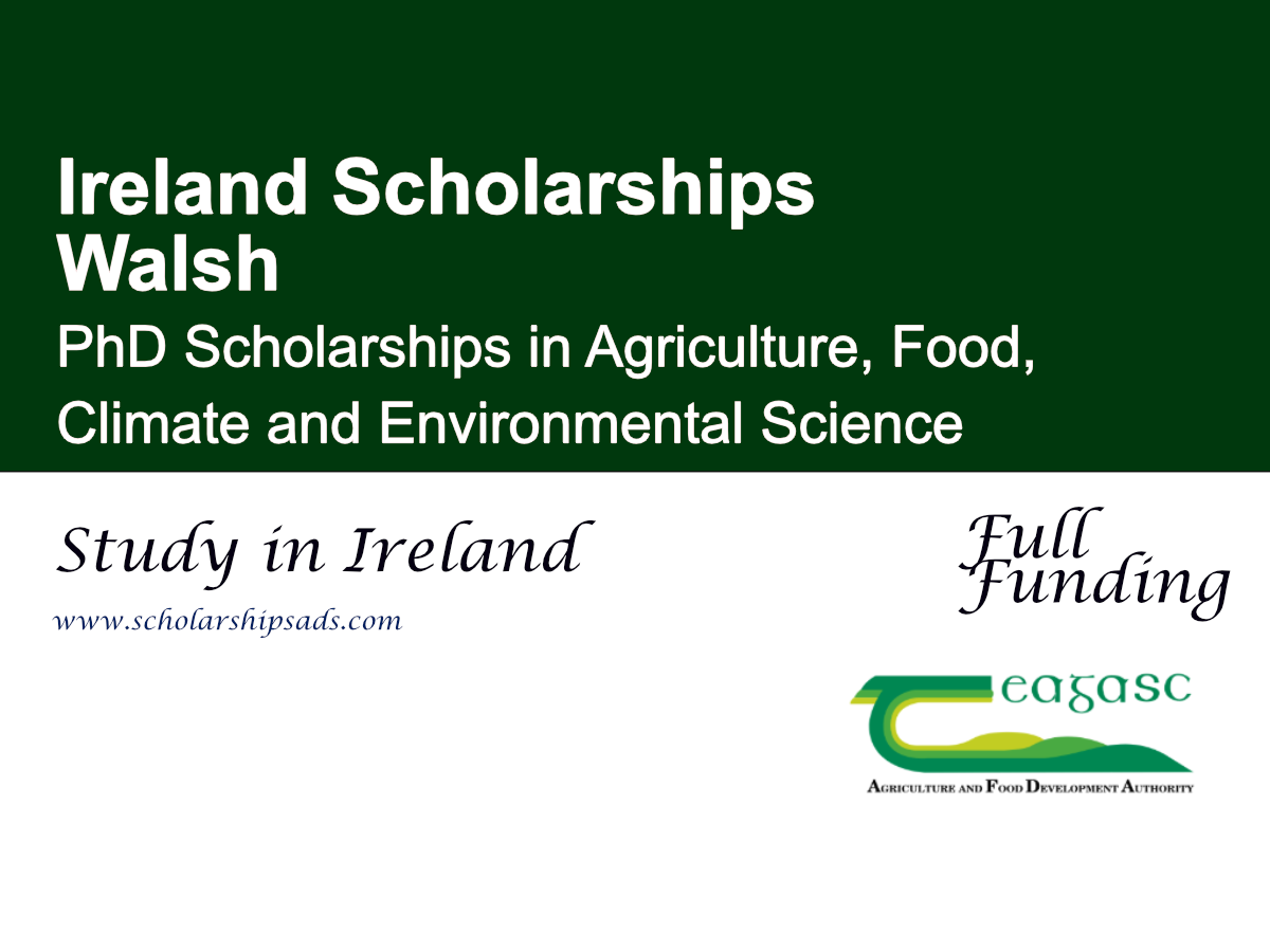 Walsh PhD Scholarships in Agriculture, Food, Climate and Environmental Sciences, Ireland